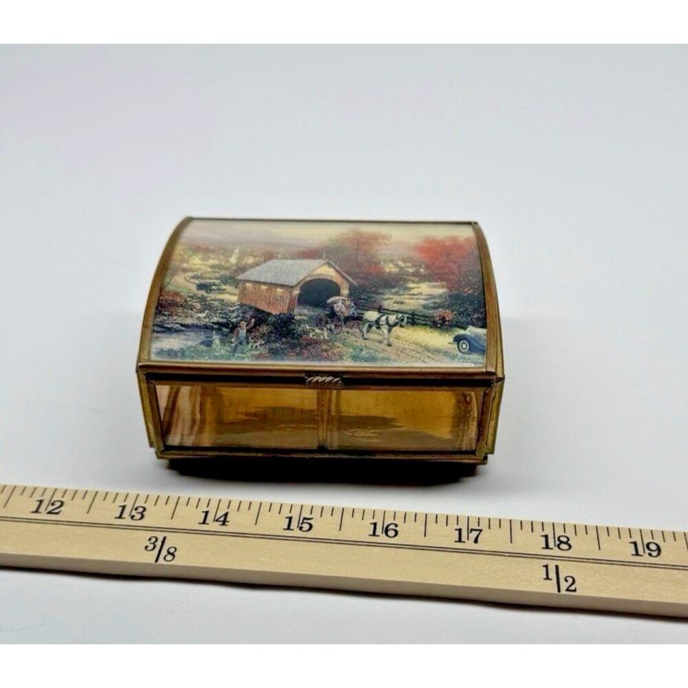 Enesco Glass Trinket Box Jewelry Case Country Cottage Scene Gold Tone Vintage
